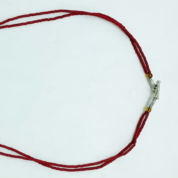 Red Beaded Pendant Necklace, Ethnic Unique Necklace, Beaded Chain Handmade - Picture 5 of 8